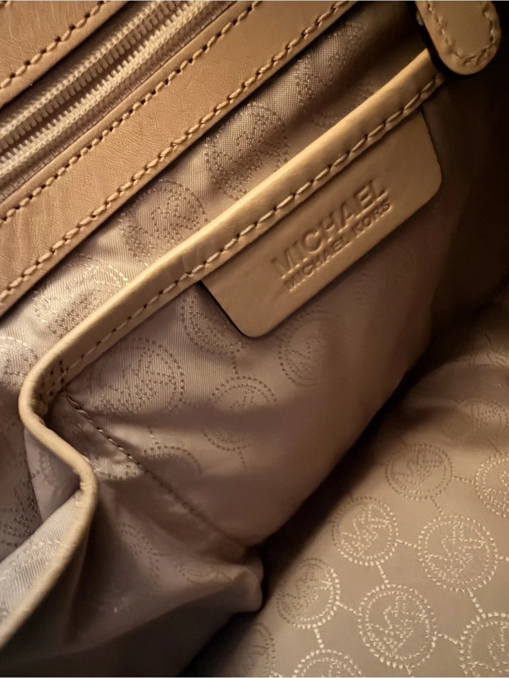 Michael Kors Cream Logo Satchel with Tan Leather Trim and Gold Hardware